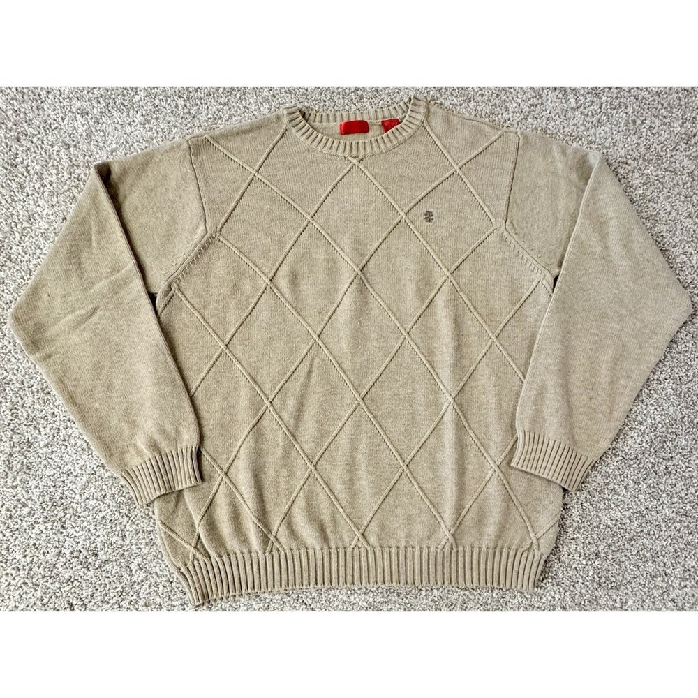 IZOD Cableknit Argyle Sweater Mens Large Beige Crewneck Pullover 100% Cotton